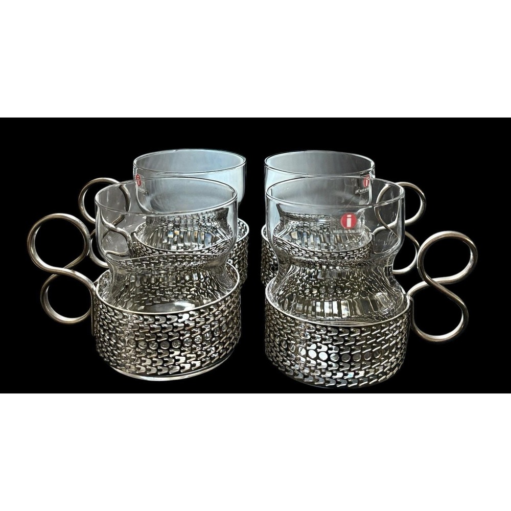 Set Of 4 Iittala Finland Tsaikka Glasses Metal‎ Holder Timo Sarpaneva Excellent